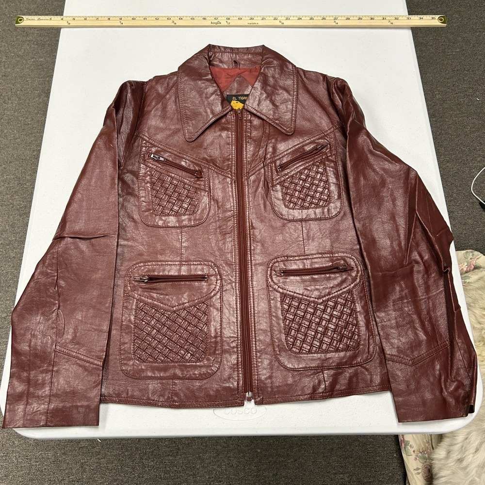 El Tigre Vinyl Jacket womans Large Burgundy Woven Pocket Detail Vintage 70s